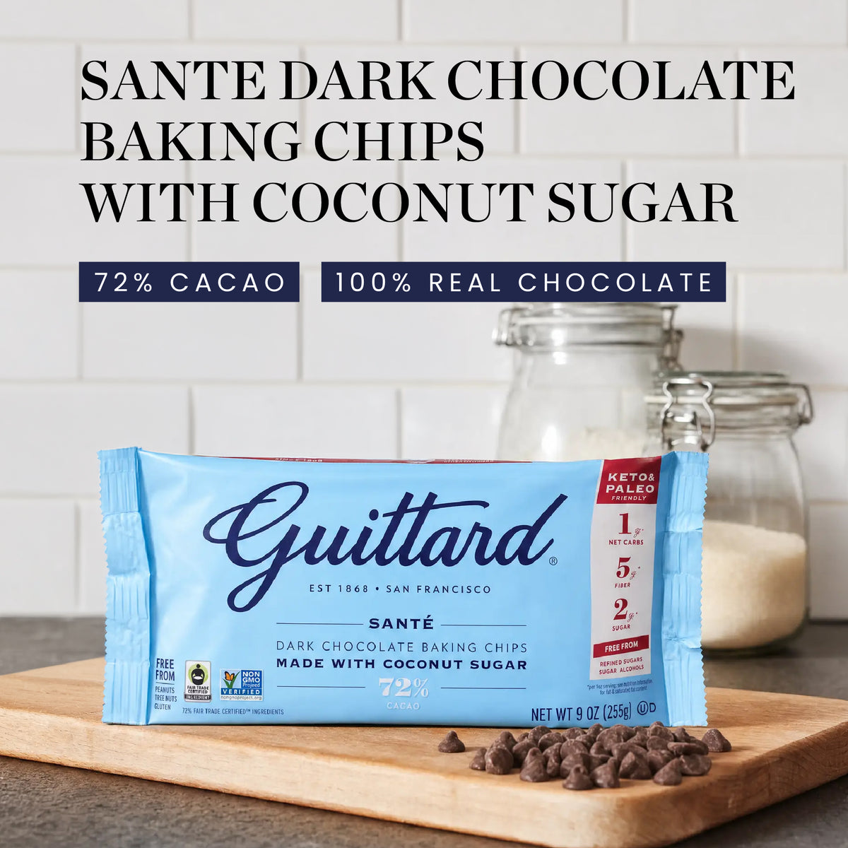 Sante Dark Chocolate Baking Chips 72%  Cacao - with Coconut sugar 255g (Allergen free)